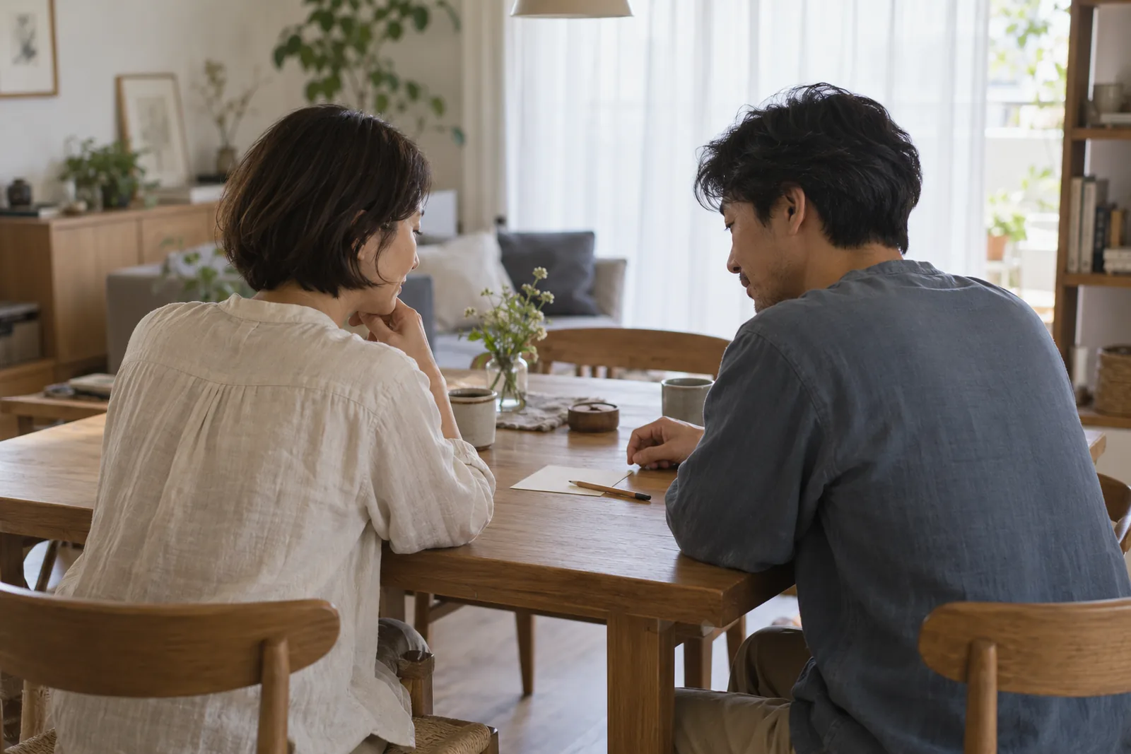 昼の休息について、食卓で相談する二人の大人