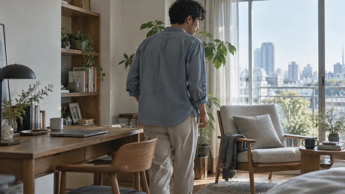 自宅の仕事机でPCを閉じ、窓辺の椅子へ向かう男性の後ろ姿