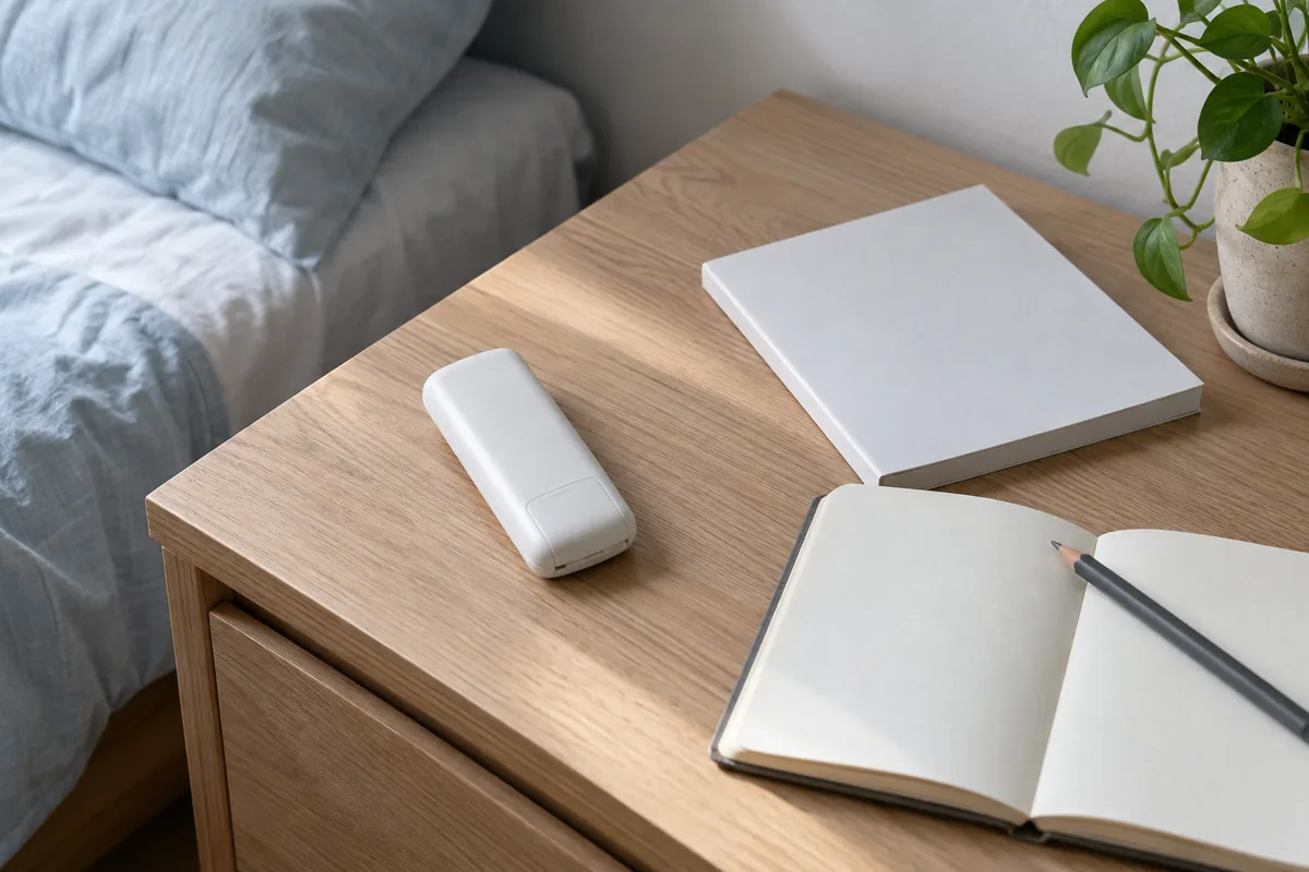 木のテーブルに伏せて置いた白いリモコンと、白い冊子、白紙のノートと鉛筆