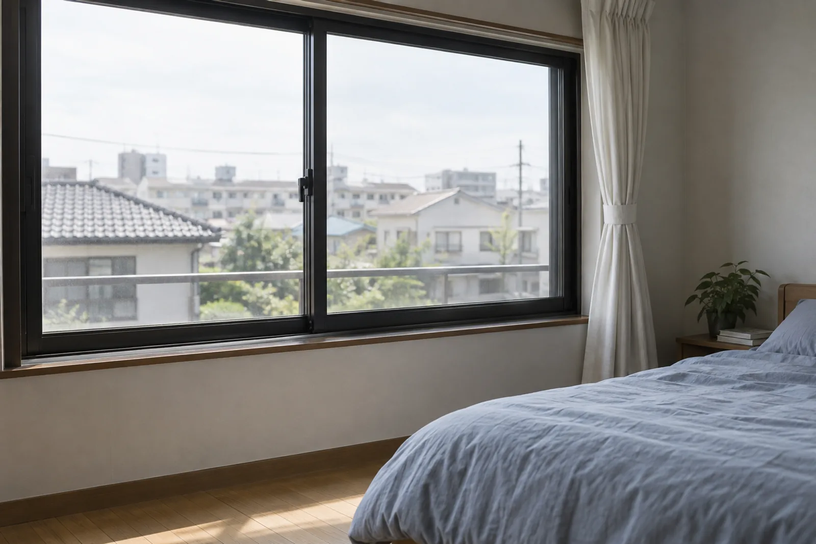 昼の光が入る寝室の大きな引き違い窓と、淡い青の寝具