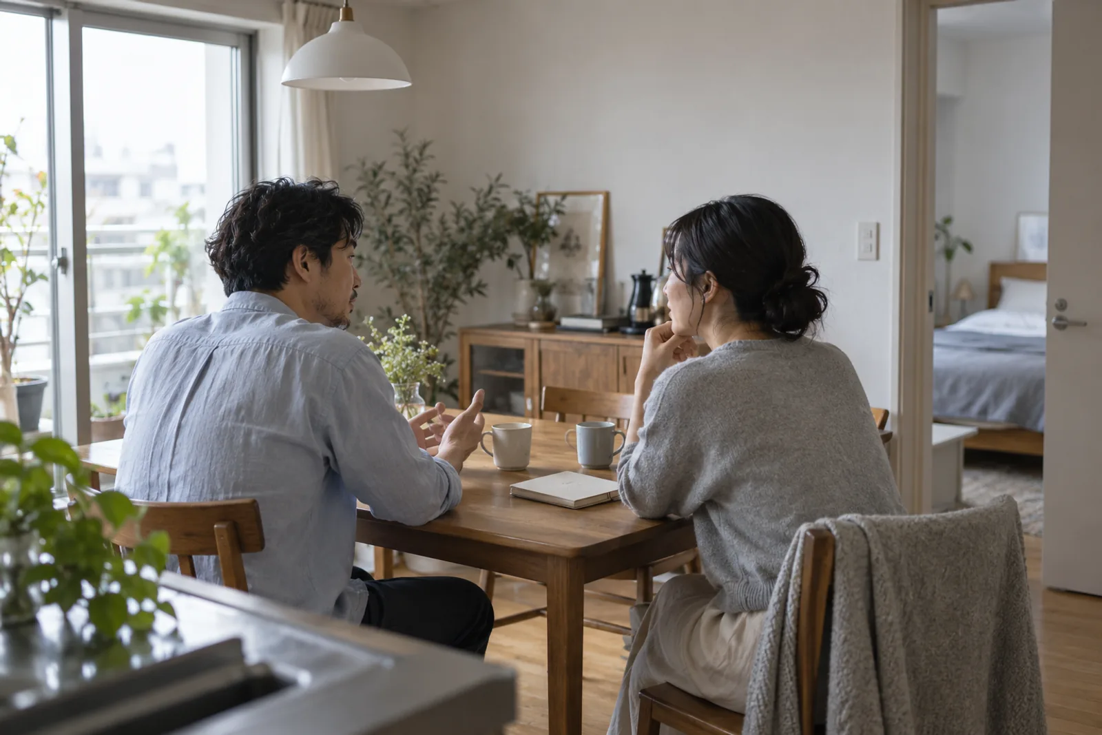 昼の食卓で暮らしの予定を話す二人の大人
