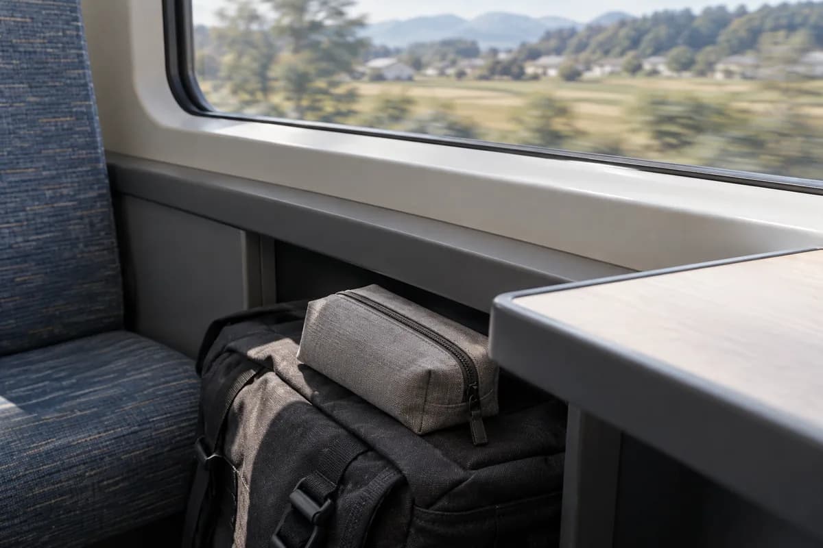 列車の窓際で、手荷物の上にまとめた小物用ポーチのイメージ