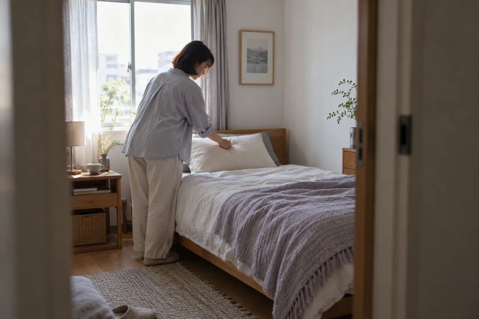 別の部屋のベッドで、寝具を整える大人の女性