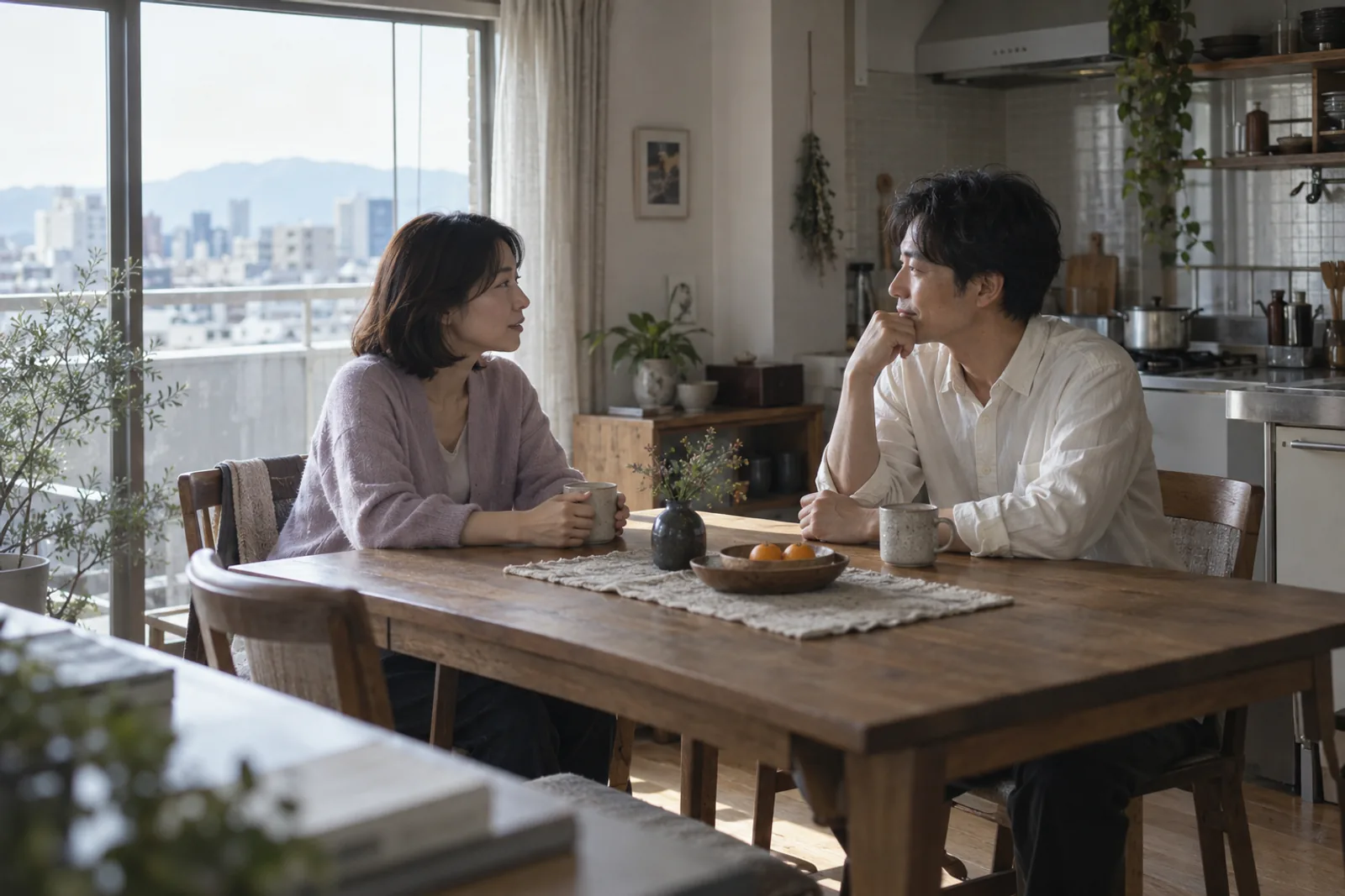 朝のダイニングで、落ち着いて話す二人の大人