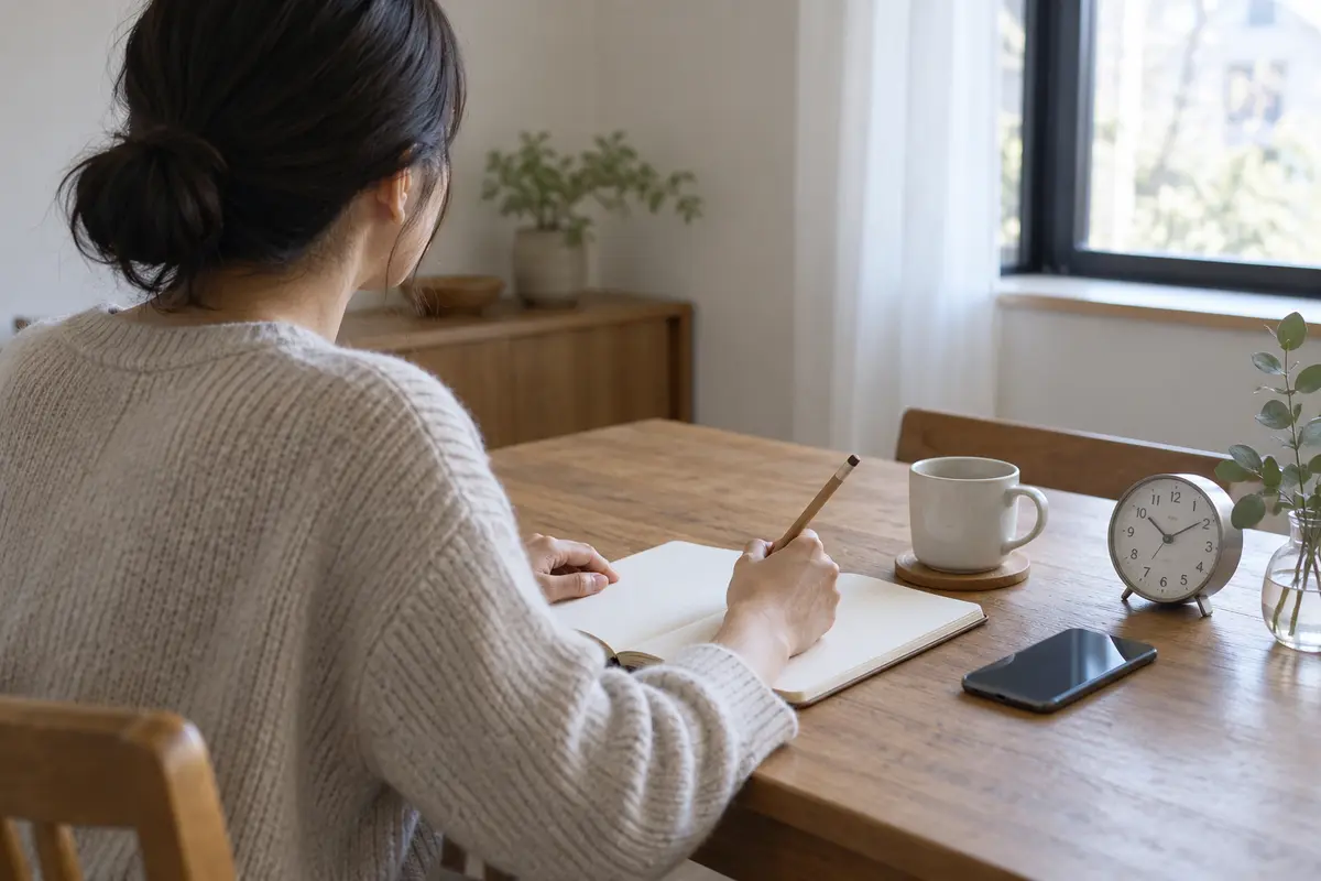 自然光の入る食卓で、時計を見ながら白紙のノートに記録する女性の後ろ姿