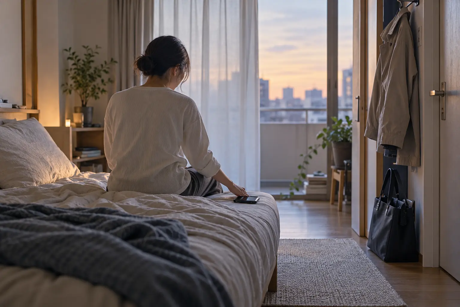 夕方の寝室で、夜勤前の仮眠に入る準備をする女性の後ろ姿
