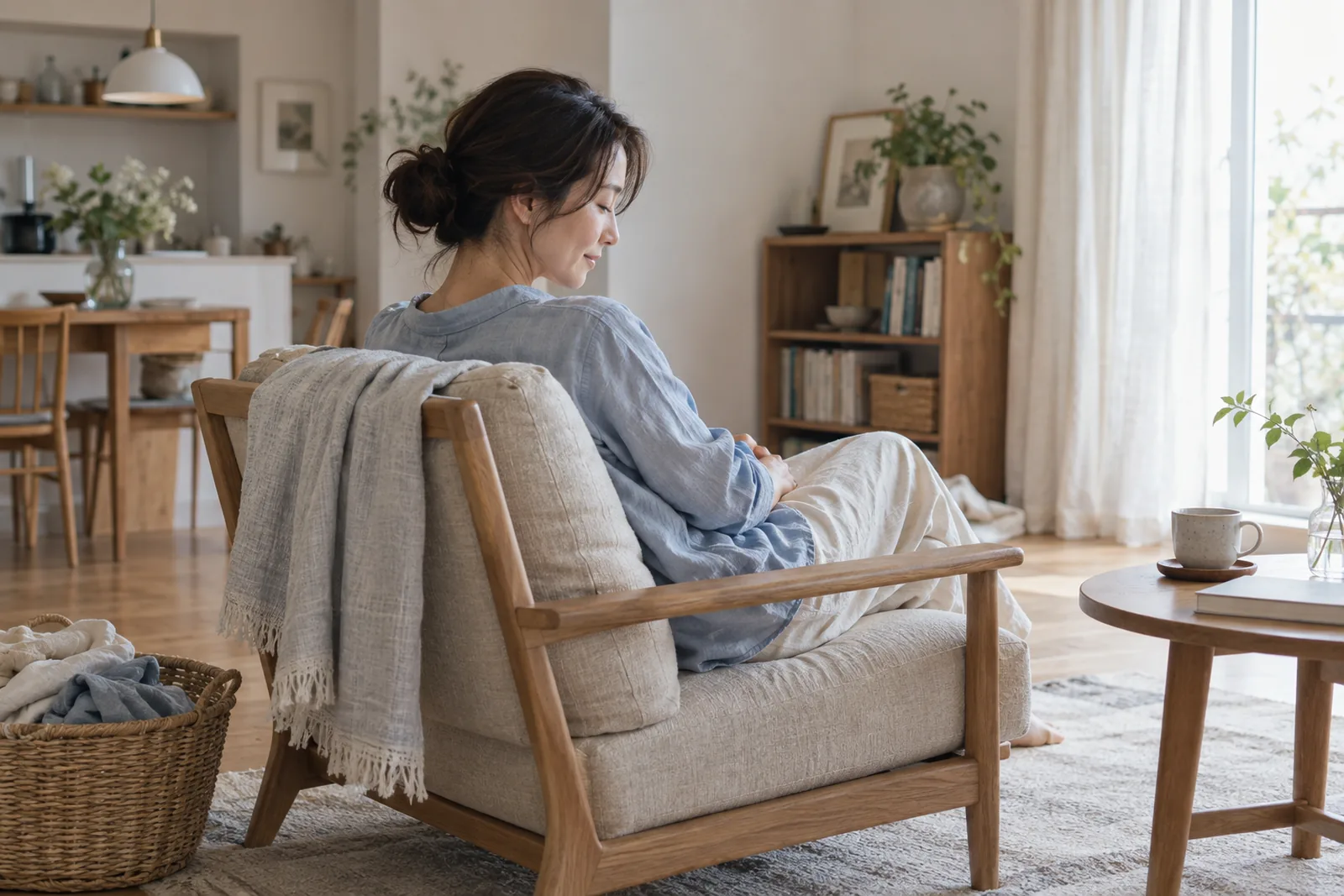 柔らかな昼の光の中、洗濯かごを脇に置いて椅子で休む大人の女性