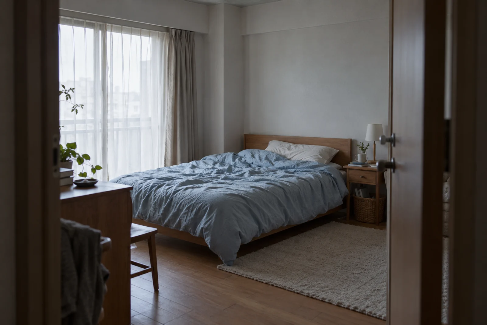 入口から見た寝室。淡いブルーの寝具と窓辺に朝の光が入る。