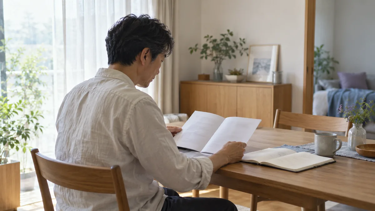自宅のテーブルで冊子とメモを確認する男性の後ろ姿