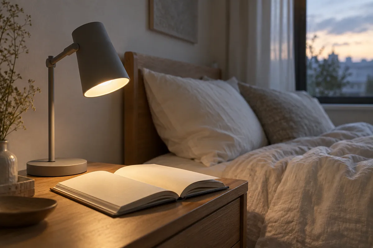 本のページに向けて置いたシェード付きの読書灯
