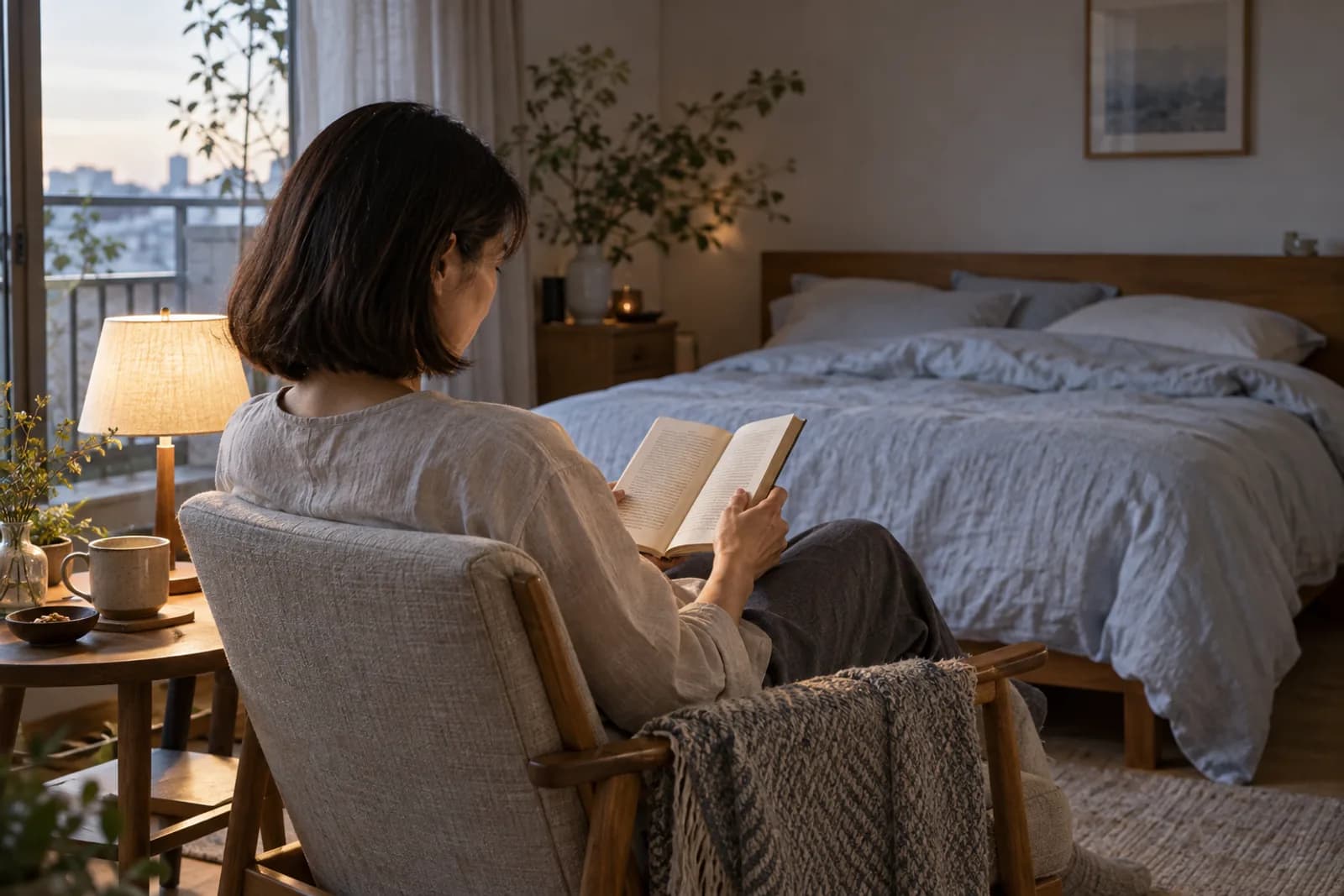 寝室の椅子で、手元を照らしながら本を読む大人の女性