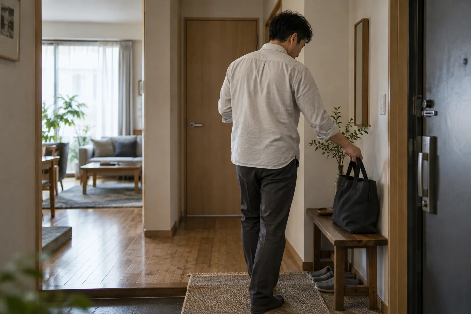 昼の光が入る玄関で、帰宅後の荷物を置く大人の男性