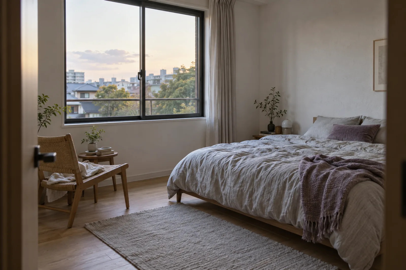 住宅街が見える窓と、グレーの寝具と淡いラベンダーの布を配した寝室