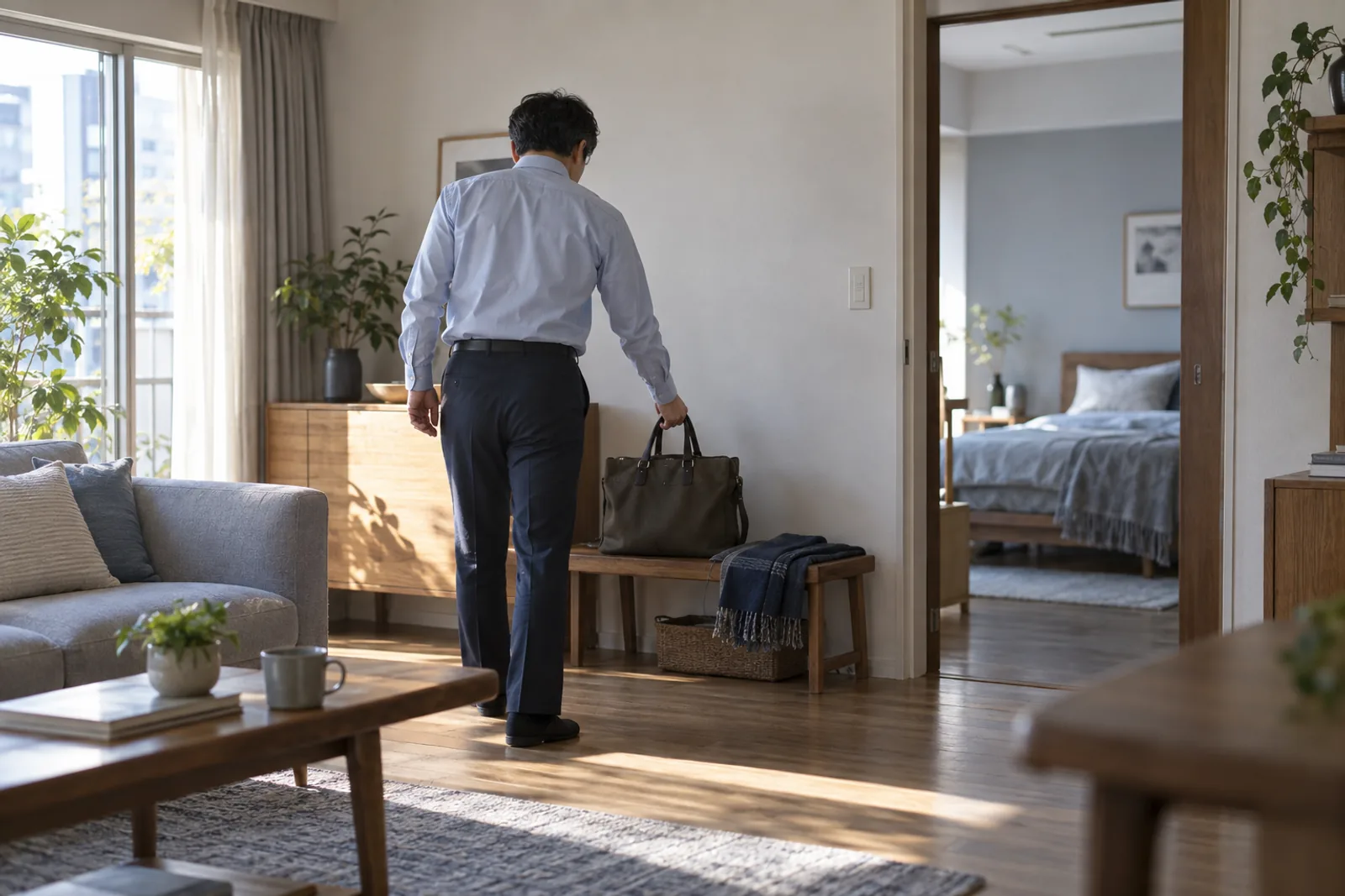 朝の光が入るリビングで、用意したかばんを手に取る男性の後ろ姿